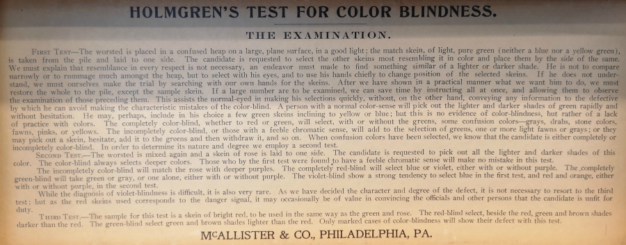 Le mode d'emploi du "Holmgren's test for color blindness" se trouve dans le couvercle de la boîte.